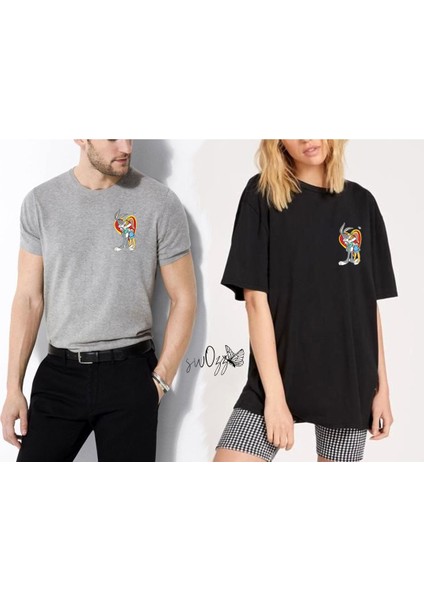 Bugs Bunny Aşk 2 Adet Gri ve Siyah Tshirt Sevgili Kombini