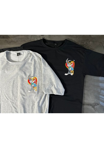 Bugs Bunny Aşk 2 Adet Gri ve Siyah Tshirt Sevgili Kombini
