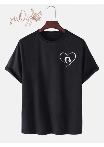 Minimal At Sevgisi Siyah Oversize Kadın Tişört