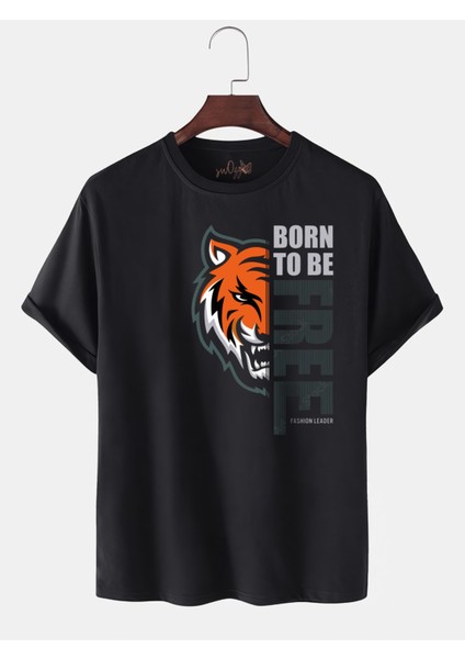 Born To Be Free / Özgür Olmak Için Doğmuş Yazılı Kaplan Baskılı Oversize Bol Kalıp Siyah Tshirt