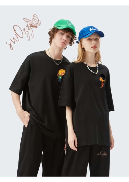 Cedric ve Chen Baskılı Siyah Sevgili Tişört Kombini Çift Tshirt 2 Adet