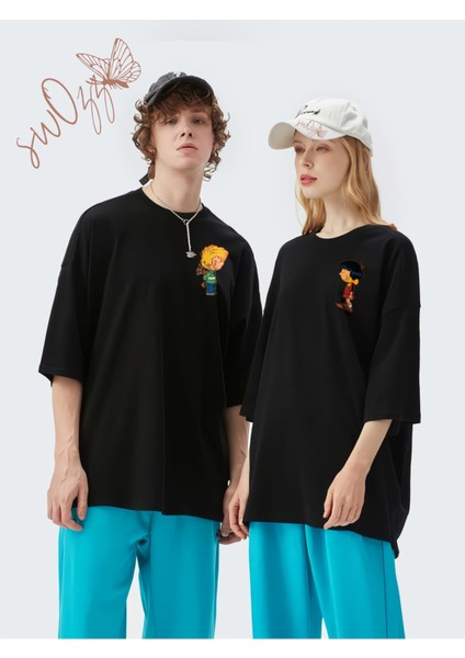 Cedric ve Chen Baskılı Siyah Sevgili Tişört Kombini Çift Tshirt 2 Adet