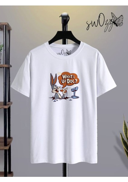 Bugs Bunny Naber Doktor What's Up Doc? Ön ve Sırt Baskılı Beyaz Tshirt