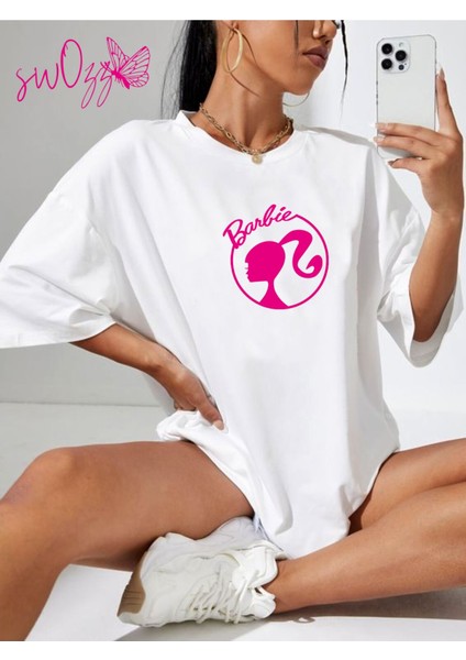 Barbie Özel Tasarımlı Rahat Kalıp Beyaz Penye Tshirt