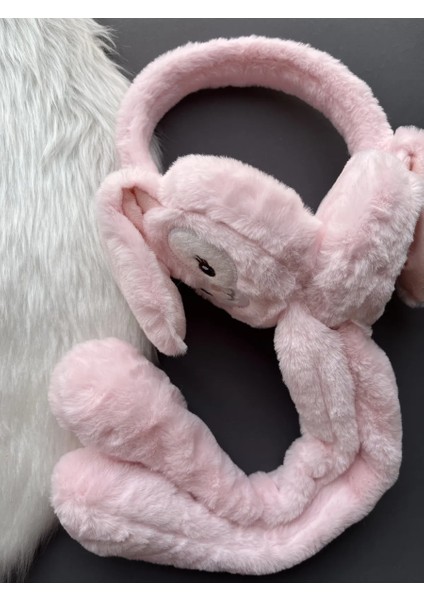 Hareketli Oynar Kulaklı Peluş Tavşan Çocuk Kulak Isıtıcı Koruyucu Kulaklık - Açık Pembe