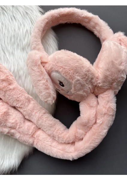Hareketli Oynar Kulaklı Peluş Tavşan Çocuk Kulak Isıtıcı Koruyucu Kulaklık - Somon