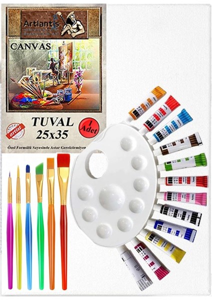 Guaj Boya Hobi Boyama Seti 1 Paket 25X35 cm Tuval 12 Li Guaj Boya Tüp Resim Paleti Fırça Seti 6 Lı