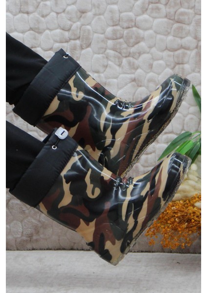 7061 Haki Kamuflaj Içi Peluşlu Su Geçirmez Erkek Çocuk Kar Yağmur Çizmesi indirimleri