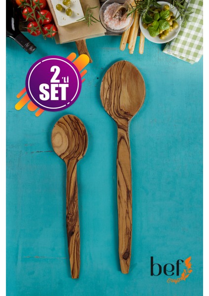 2 Parça Tahta Kaşık Seti Ahşap Servis Kaşığı Seti Ikili Set Doğal El Yapımı Zeytin Ağacı Kaşık Seti 21 ve 23 cm Tahta Kaşık Pilav Servis Kaşığı