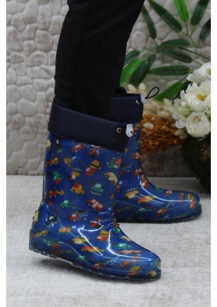 7061 Lacivert Araba Içi Peluşlu Su Geçirmez Erkek Çocuk Kar Yağmur Çizmesi