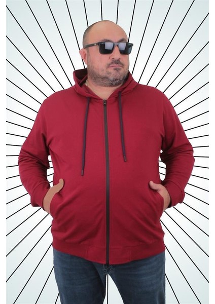 Büyük Beden Basic Mevsimlik Fermuarlı Kapüşonlu Sweat 22751 Bordo