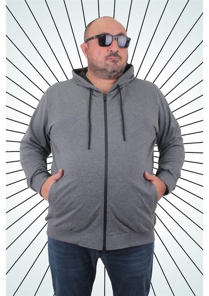 Büyük Beden Basic Mevsimlik Fermuarlı Kapüşonlu Sweat 22751 Grı Melanj