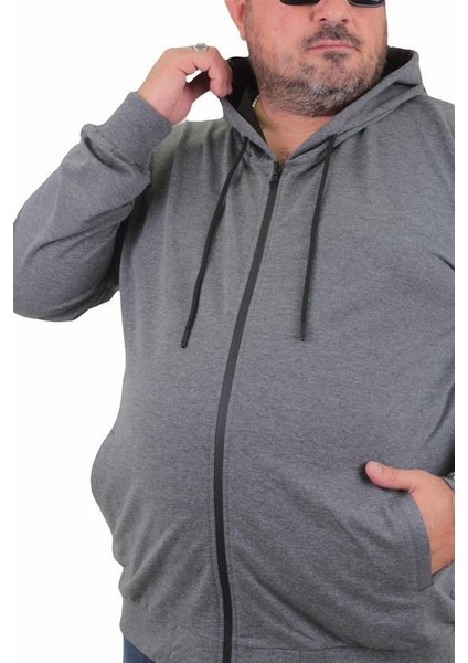 Büyük Beden Basic Mevsimlik Fermuarlı Kapüşonlu Sweat 22751 Grı Melanj fiyatları