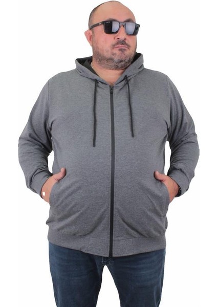Büyük Beden Basic Mevsimlik Fermuarlı Kapüşonlu Sweat 22751 Grı Melanj indirimleri