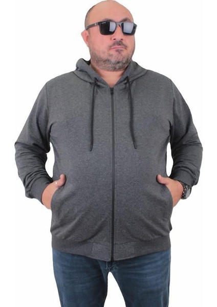 Büyük Beden Basic Mevsimlik Fermuarlı Kapüşonlu Sweat 22751 Antrasıt
