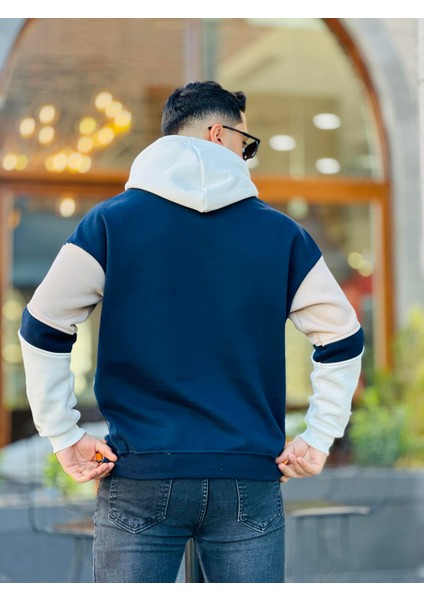 High Nakışlı Oversize Sweatshirt - Lacivert Bej