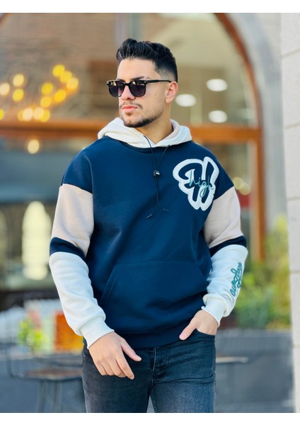 High Nakışlı Oversize Sweatshirt - Lacivert Bej