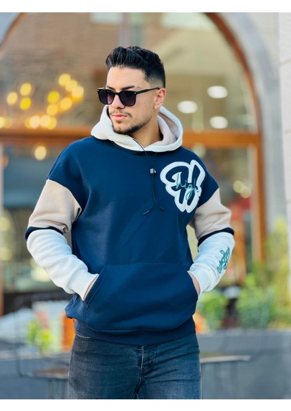 High Nakışlı Oversize Sweatshirt - Lacivert Bej