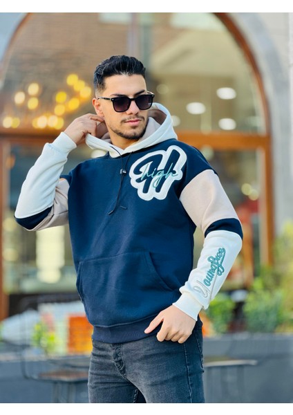 High Nakışlı Oversize Sweatshirt - Lacivert Bej