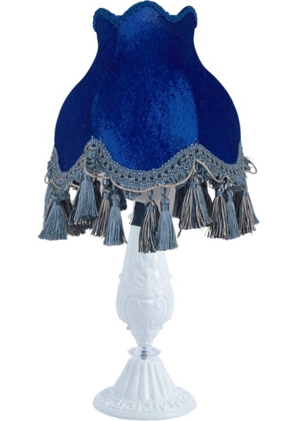 Saks Mavi Kadife Kaplı Vintage Abajur Beyaz Metal Ayak Saks Model 30X50CM AB0762