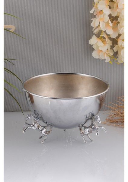 Atlı Gümüş Renk At Dekorlu Metal Aranjman, Yapay Çiçek Vazosu - Çiçeksiz