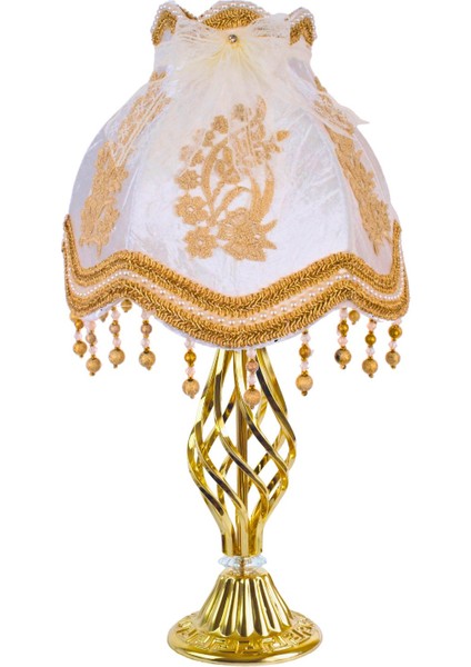 Ekru Kadife Kaplı Fransız Dantel Süsleme Vintage Abajur Gold Kaplama Metal Ayak 30X50CM AB0766