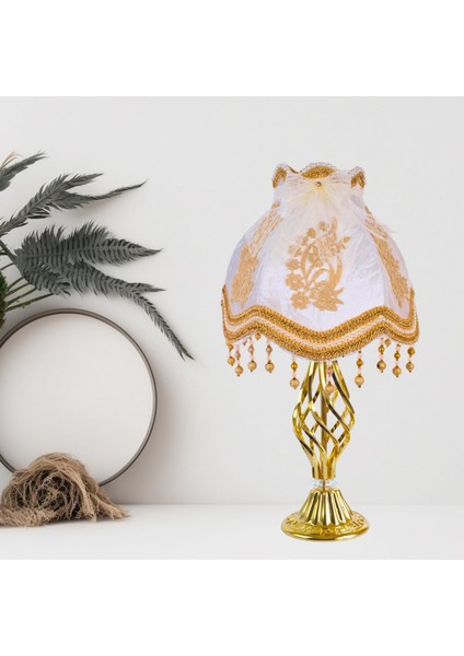 Ekru Kadife Kaplı Fransız Dantel Süsleme Vintage Abajur Gold Kaplama Metal Ayak 30X50CM AB0766 fiyatları