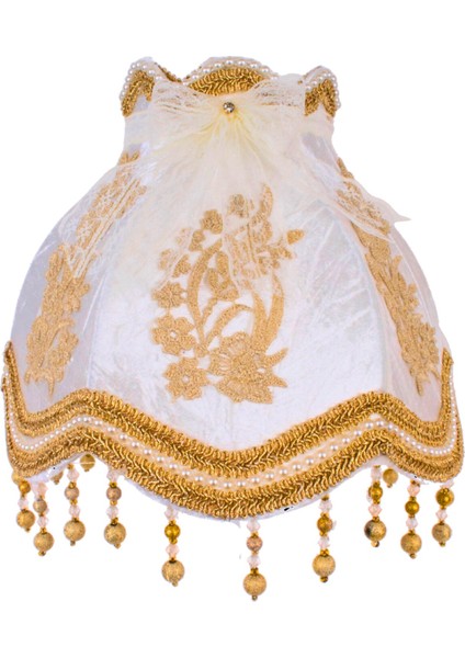 Ekru Kadife Kaplı Fransız Dantel Süsleme Vintage Abajur Gold Kaplama Metal Ayak 30X50CM AB0766 modelleri