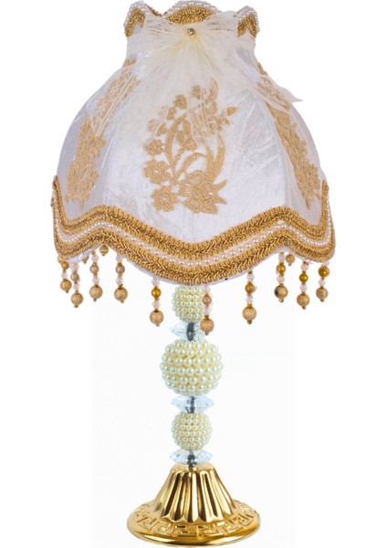 Ekru Kadife Fransız Dantel Süsleme Vintage Abajur Gold Kaplama Incili Gold Metal Ayak AB0769