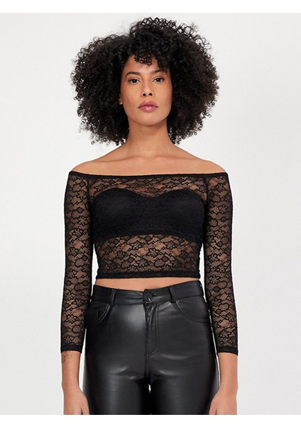 Kadın Dantel Omuzu Açık Crop Top Siyah Sweatshırt