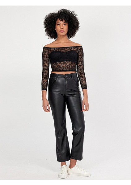 Kadın Dantel Omuzu Açık Top Siyah Bluz