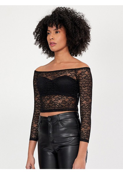 Kadın Dantel Omuzu Açık Top Siyah Bluz fiyatları