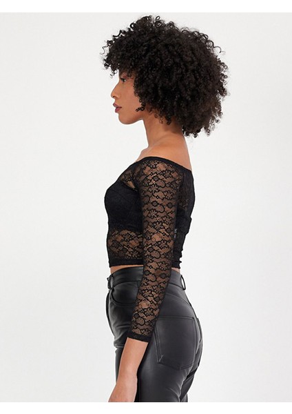 Kadın Dantel Omuzu Açık Top Siyah Bluz fırsatları