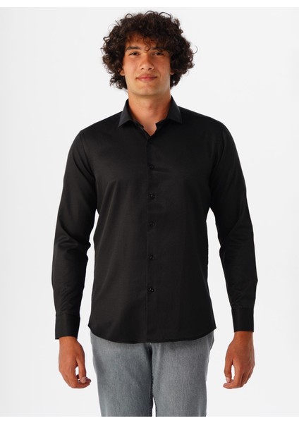 Slim Fit Klasik Yaka Armürlü Siyah Erkek Gömlek GM2024700428 indirimleri