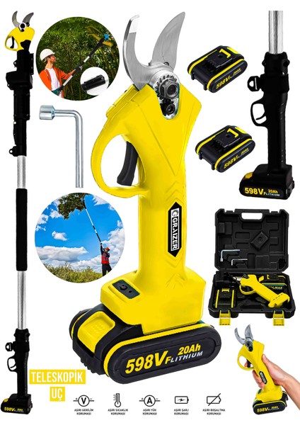 Alman Profesyonel 598 Vf 20 Ah 2 Metre Teleskopik Uzatma Akülü Bağ Dal Budama Kesme Makası Makinesi