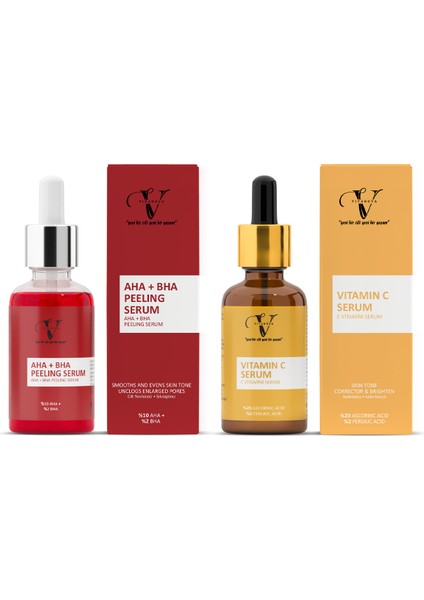 2 li Cilt Bakım Seti Aha Bha Peeling Serum Kırmızı Serum Vitamin C Serum 30 ml