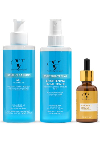 3’lü Cilt Bakım Seti Yüz Temizleme Jeli +Tonik + Vitamin C Serum