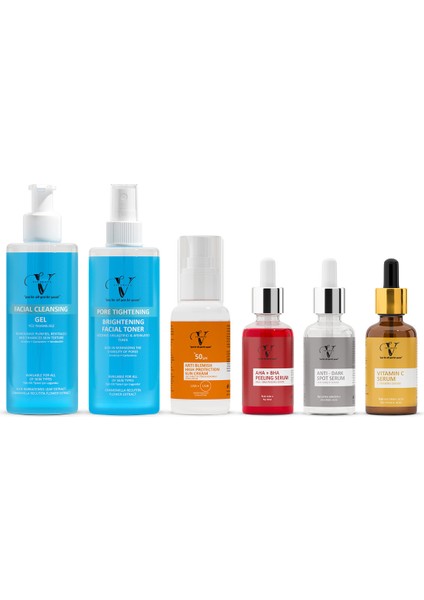 Yüz Yıkama Jeli Tonik C Vitamin Serum Leke Serumu Aha Bha Peeling Serum Güneş Kremi(6 LI SET)