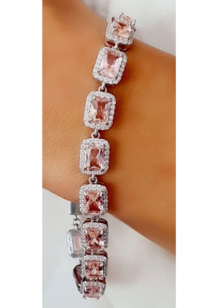 Sky Diamond Pink Morganit Taşlı 925ayar Gümüş Lüks Su Yolu Bileklik modelleri