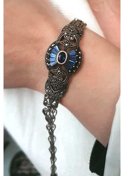 Mavi zirkon taş markazit taş detaylı gümüş tasarım bileklik fiyatları