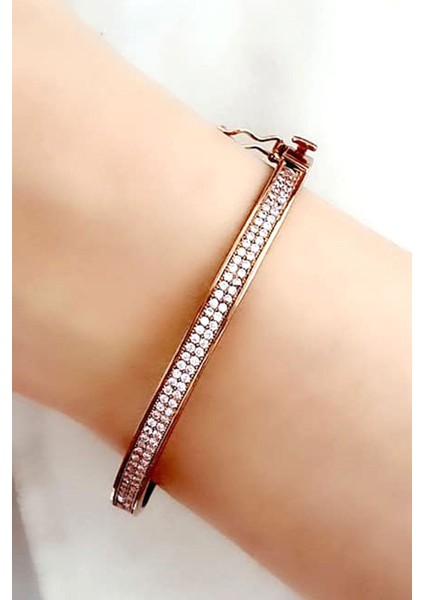 Pembe zirkon taşlı 925 ayar gümüş rose kelepçe bileklik