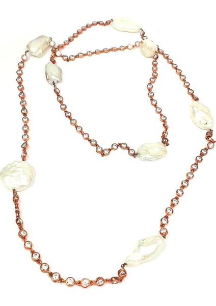 Barok incili zirkon taş detaylı gümüş rose uzun kolye fiyatları