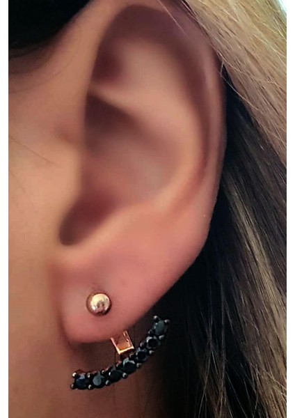 Siyah oniks taşlı gümüş rose earcuff cift küpe