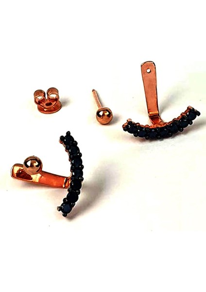 Siyah oniks taşlı gümüş rose earcuff cift küpe