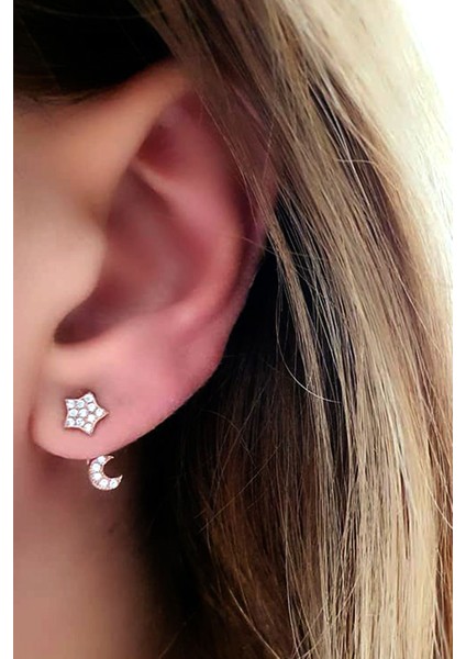 Ay yıldız figürlü gümüş rose earcuf kupe