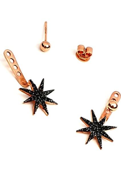 Kutup yıldızı figürlü oniks taşlı gümüş rose earcuff cift küpe fiyatları