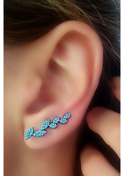 Nano Turkuaz taşlı gümüş üzerine rose altın kaplama ear cuff tek küpe