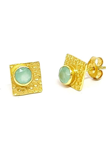 Kalsedon Taşlı Gümüş Altın Kaplamalı Tasarım Küpe