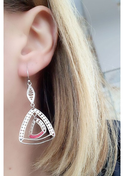 Mercan Taş Detaylı 925ayar Gümüş Bohem Tasarım Küpe