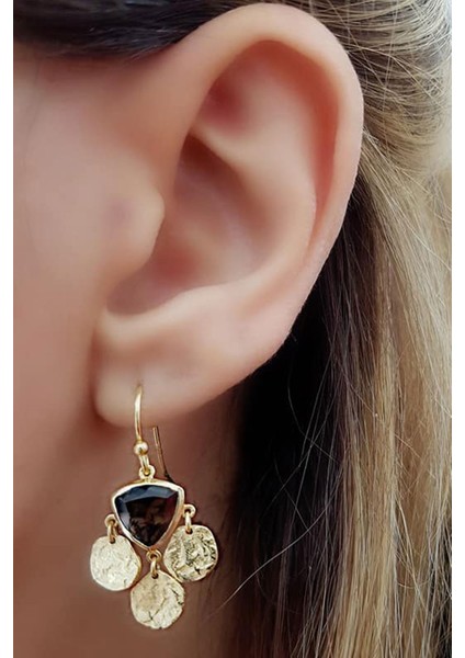 Dumanlı Kuvars taşlı el işi gümüş üzerine altın kaplama küpe